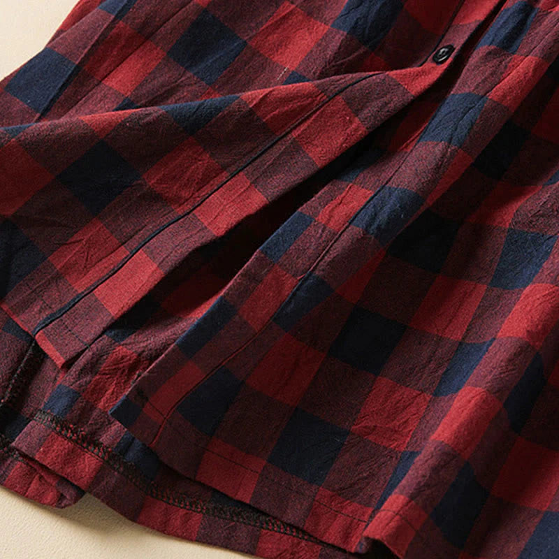 Buddha Stones Contrast Color Plaid Buttons Design Long Sleeve Midi Dress With Pockets