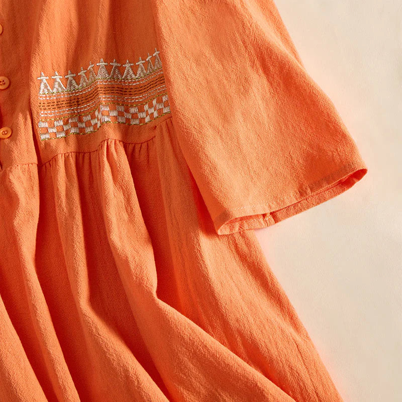 Buddha Stones Embroidery Geometry Half Sleeve Women's Midi Dress With Pockets