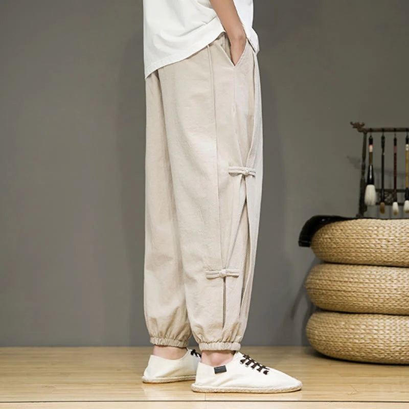Buddha Stones Summer Vintage Drawstring Chinese Frog-Button Design Men's Cotton Linen Harem Pants With Pockets