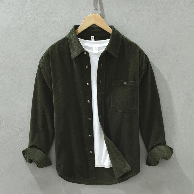 Buddha Stones Fall Decorative Pocket Buttons Down Stand Collar Long Sleeve Men's Cotton Corduroy Shirt