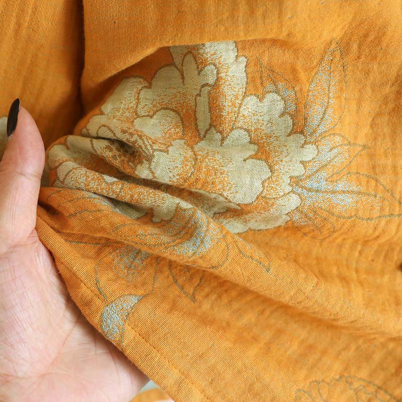 Buddha Stones 2pcs Frog-Button Printed Long Sleeve Cardigan Shirt Pants With Pockets Cotton Set