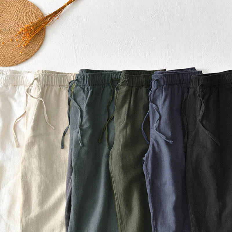 Buddha Stones Casual Solid Color Simple Design Drawstring Ramie Linen Men's Pants With Pockets