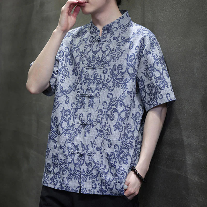 Buddha Stones Summer Floral Vine Pattern Tang Suit Men's Frog-Button Short Sleeve Shirt With Pockets