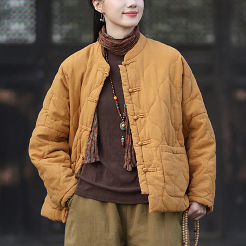 Buddha Stones Winter Curved Lines Frog-Button Ramie Cotton Long Sleeve Women's Thermal Jacket With Pockets