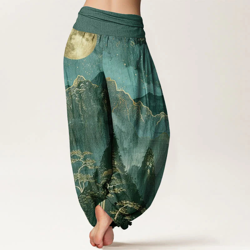 Buddha Stones Cotton Casual Full Moon Mountains Trees River Pattern Women's Elastic Waist Harem Pants