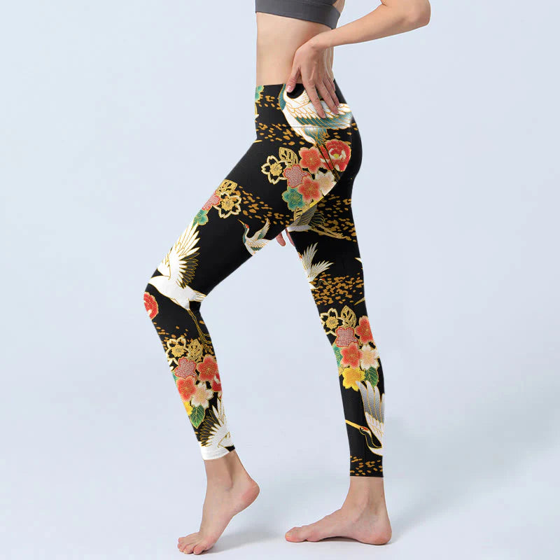 Buddha Stones Red-Crowned Cranes Colorful Floral Pattern Print Gym Leggings Women's Yoga Pants