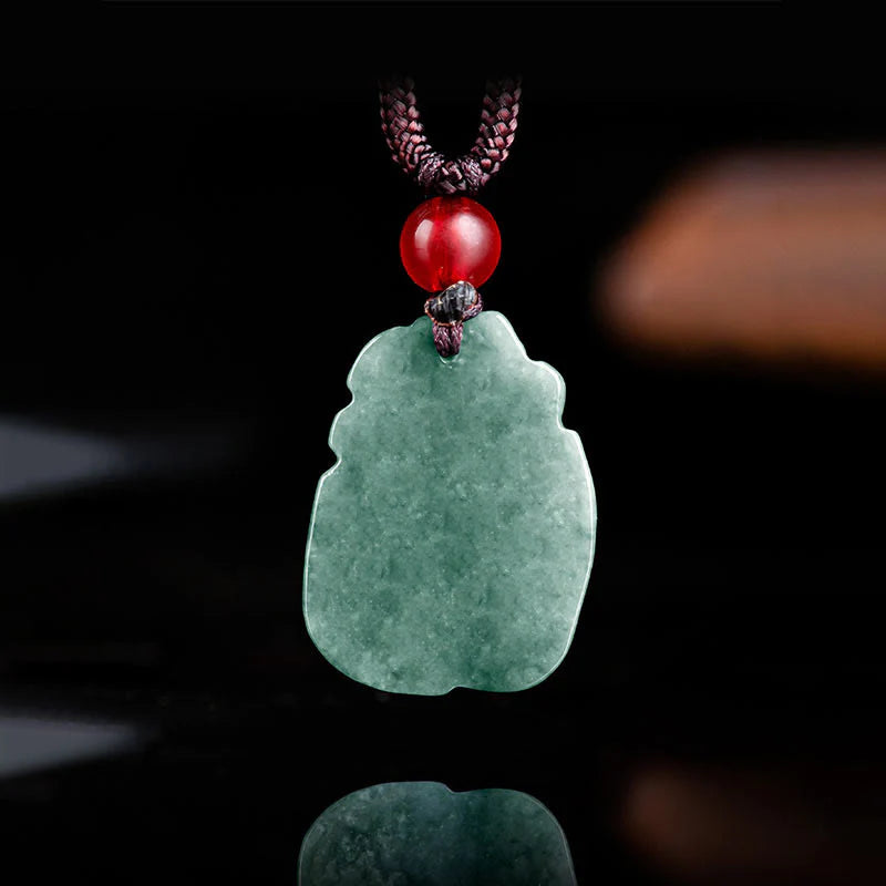 Buddha Stones Natural Green Jade Nine Tailed Fox Engraved Prosperity Necklace Pendant
