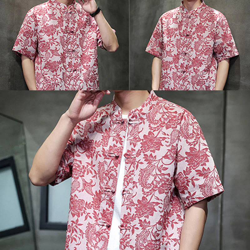 Buddha Stones Casual Jacquard Paisley Flower Plant Pattern Frog-Button Design Men's Cotton Shirt Cardigan With Pockets