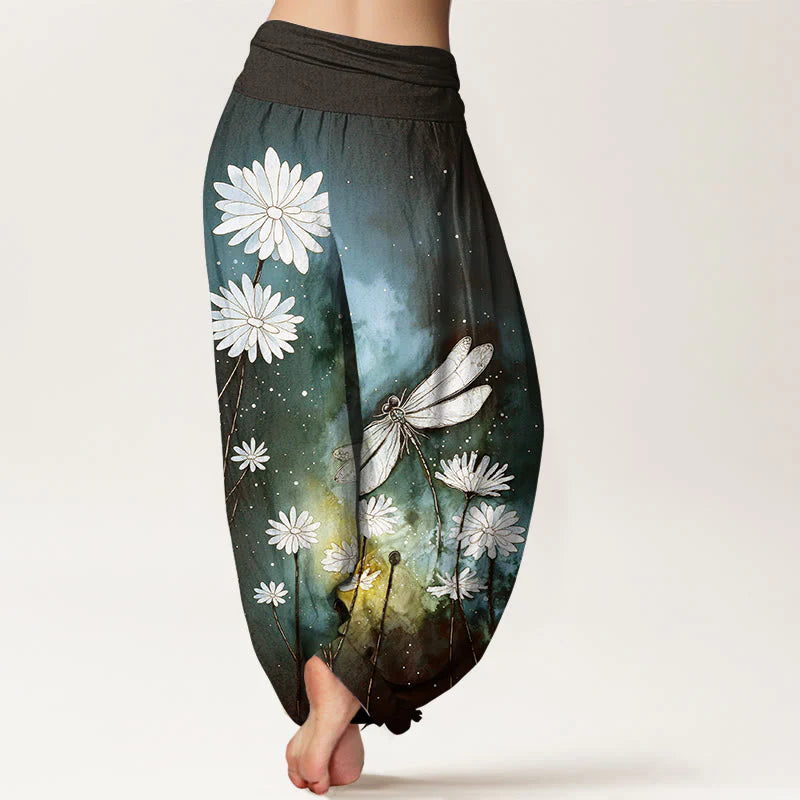 Buddha Stones Cotton Dreamy Daisy Dragonfly Pattern Women's Elastic Waist Harem Pants