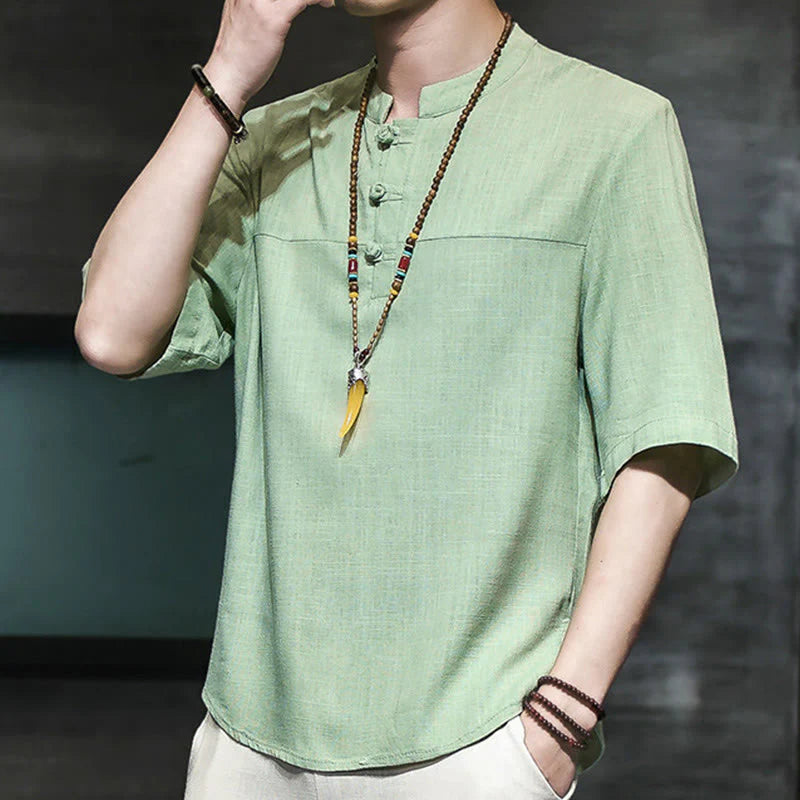 Buddha Stones Casual Vintage  Chinese Frog-Button Men's Half Sleeve Cotton Linen T-Shirt