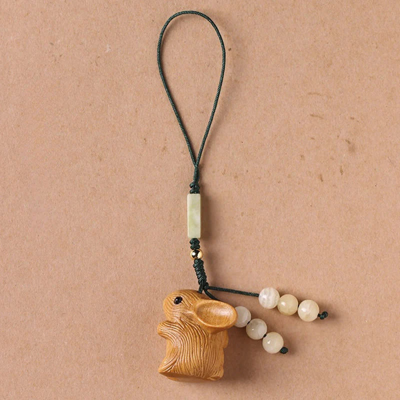 Buddha Stones Sandalwood Small Leaf Red Sandalwood Lucky Mini Rabbit Protection Key Chain Phone Hanging Decoration