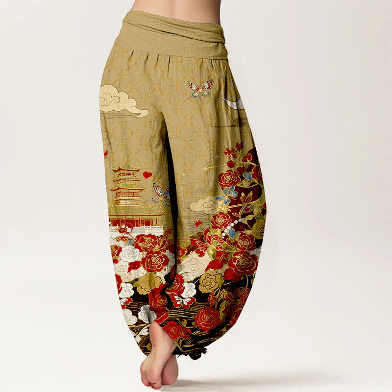 Buddha Stones Cotton Butterfly Rose Pagoda Heart Pattern Women's Elastic Waist Harem Pants