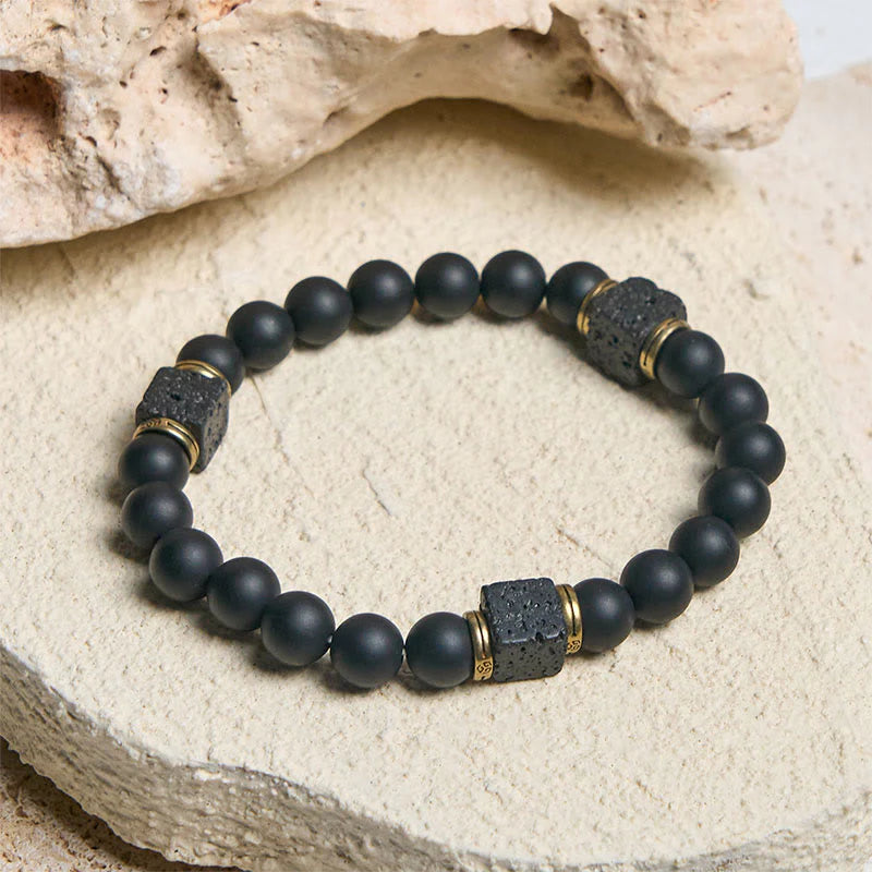 Buddha Stones Natural Frosted Black Onyx Square Lava Rock Fortune Bracelet