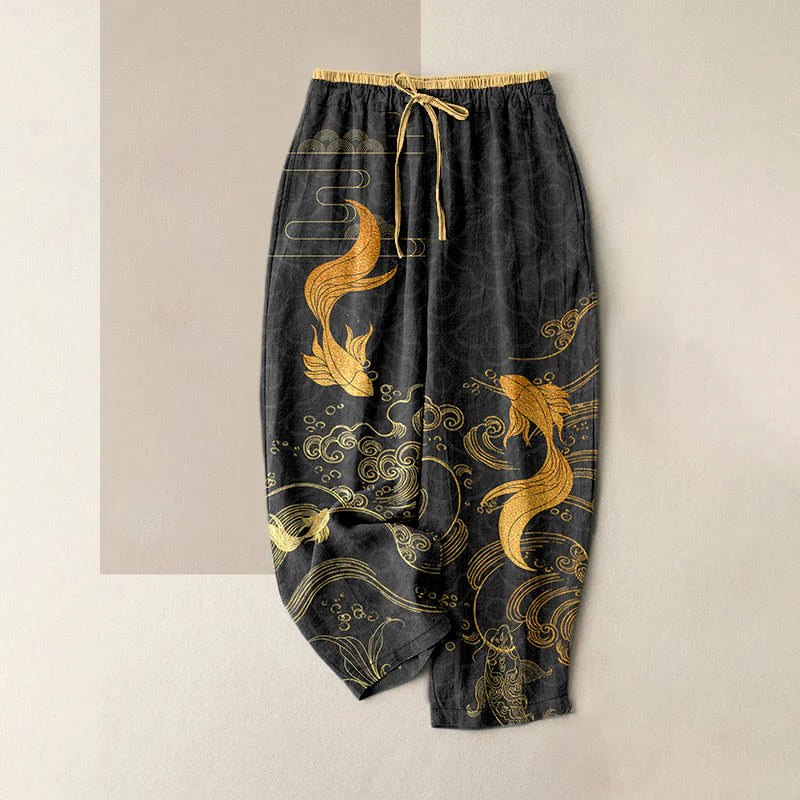Buddha Stones Pure Cotton Koi Fish Wave Pattern Women's Elastic Waist Pants With Pockets