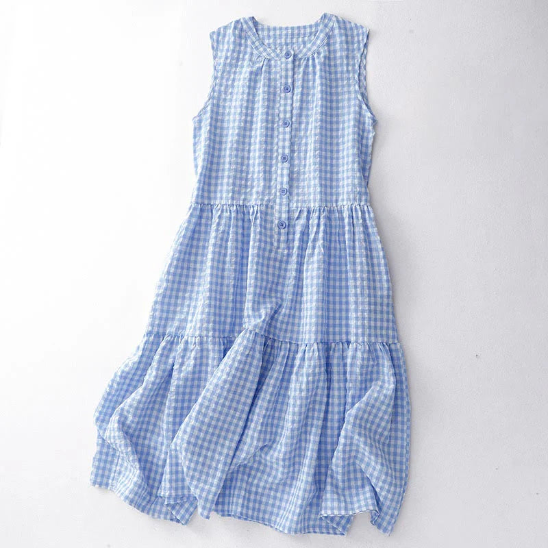 Buddha Stones Crew Neck Sleeveless Plaid Summer Cotton Knee Length Dress
