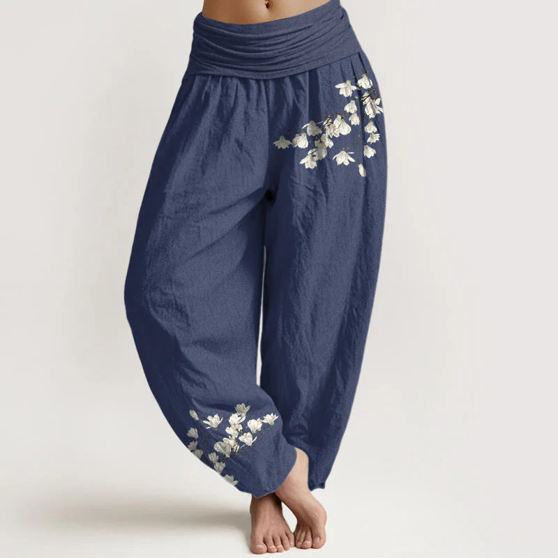 Buddha Stones Pure Cotton Simple Magnolia Flower Pattern Women's Elastic Waist Harem Pants
