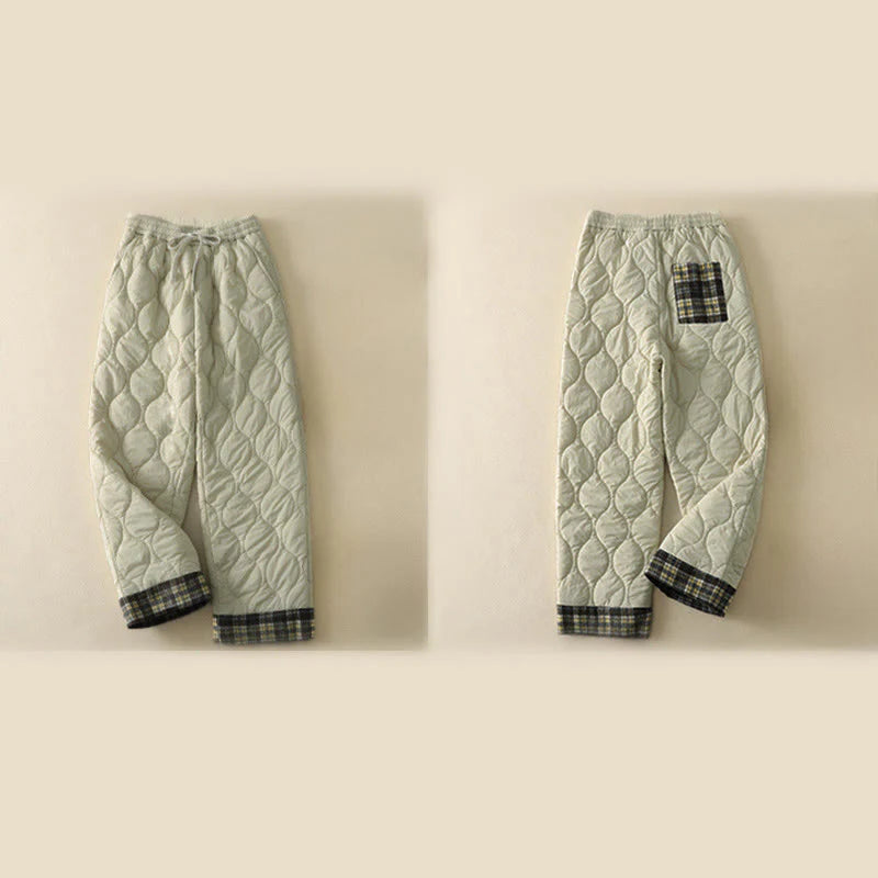 Buddha Stones Winter Curved Lines Elastic Waist Drawstring Patchwork Plaid Cotton Thermal Women's Pants With Pockets