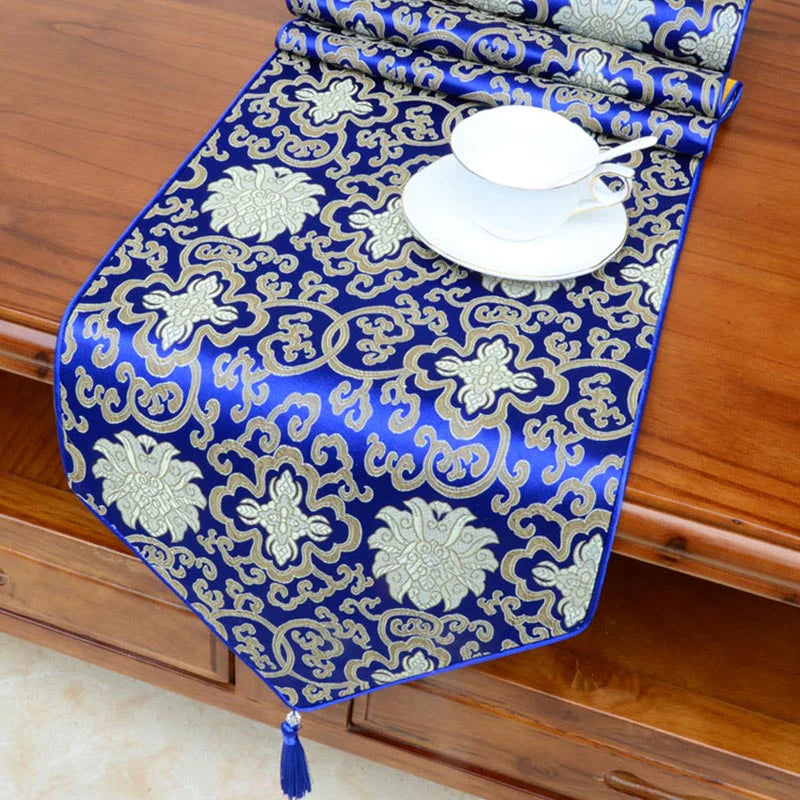 Buddha Stones Prayer Altar Flower Vajra Dragon Pattern Tibetan Auspicious Symbols Tassels Jacquard Table Runner
