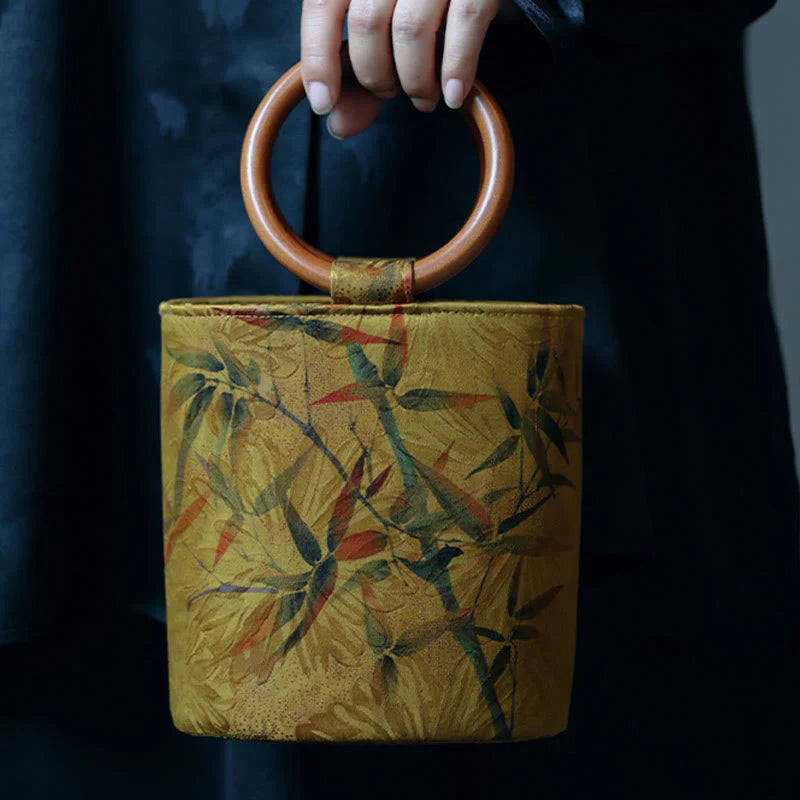 Buddha Stones Bamboo Leaf Butterfly Cherry Blossom Persimmon Wood Handle Handbag