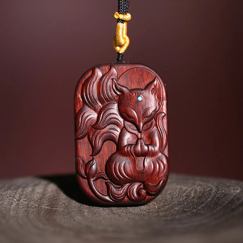 Buddha Stones Small Leaf Red Sandalwood Nine Tailed Fox Pattern Longevity Necklace Pendant (Extra 35% Off | USE CODE: FS35)