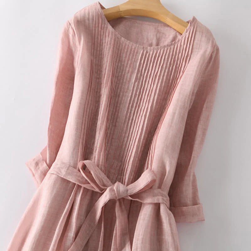 Buddha Stones Casual Lace-up Plain Crew Neck Half Sleeve Midi Dress With Pockets
