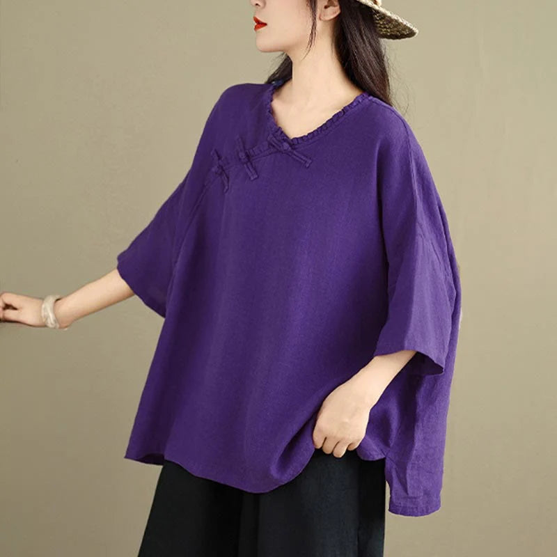 Buddha Stones Spring V-Neck Frog-Button Long Sleeve Plain Women's Cotton Shirt