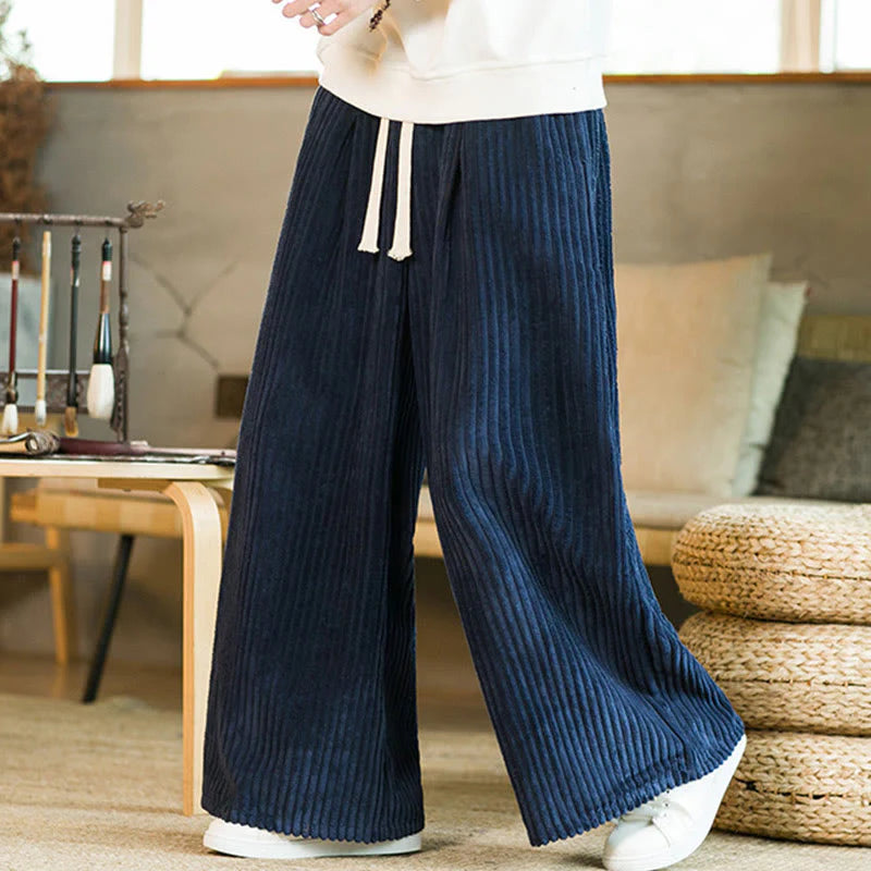 Buddha Stones Commute Plain Drawstring Men's Wide Leg Cotton Corduroy Pants With Pockets