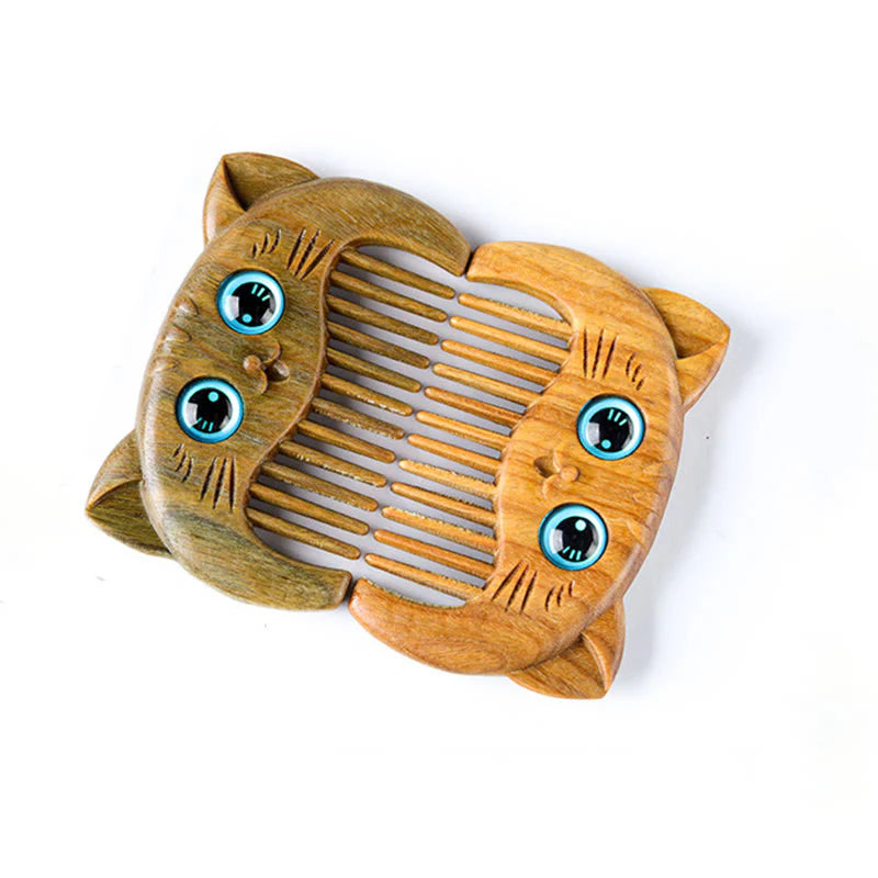 Buddha Stones Simple Cat Pattern Green Sandalwood Cure Portable Comb