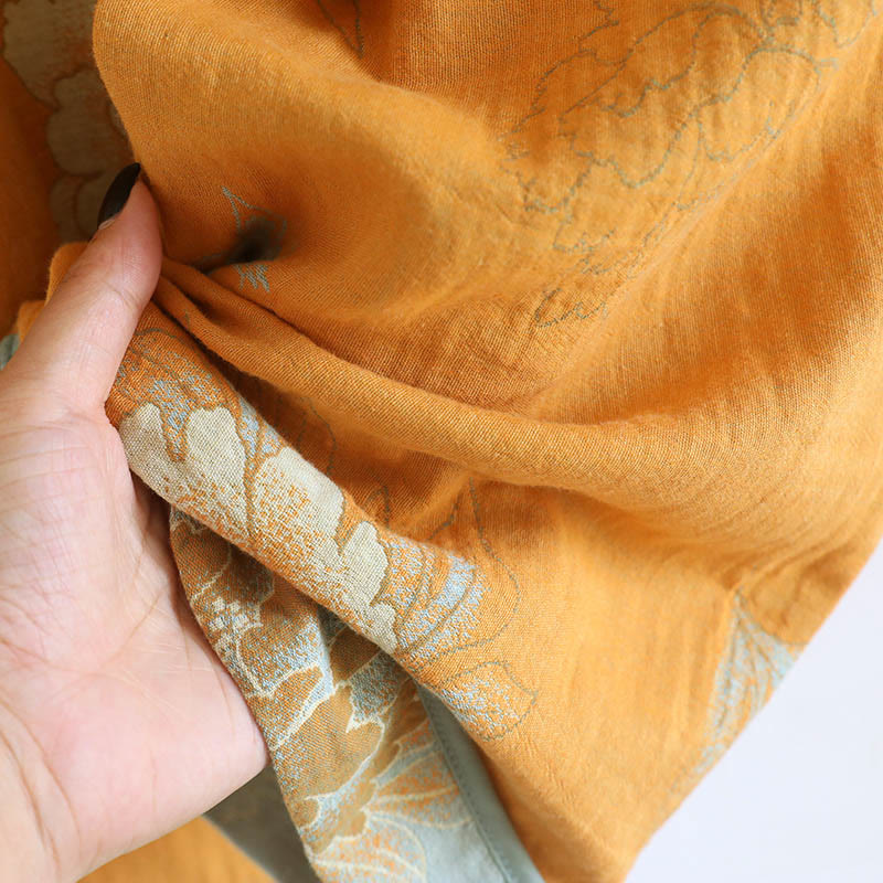 Buddha Stones 2pcs Frog-Button Printed Long Sleeve Cardigan Shirt Pants With Pockets Cotton Set