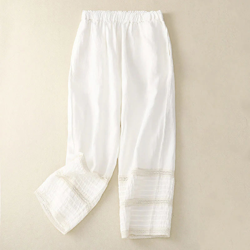 Buddha Stones Spring Elastic Waist Lace Pleated Hem Cotton Women's Pants With Pockets