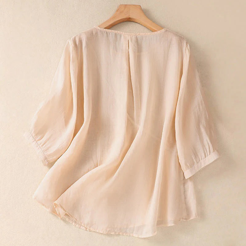 Buddha Stones Embroidered Flower Crew Neck Design Women's Cotton Linen Half Sleeve Shirt
