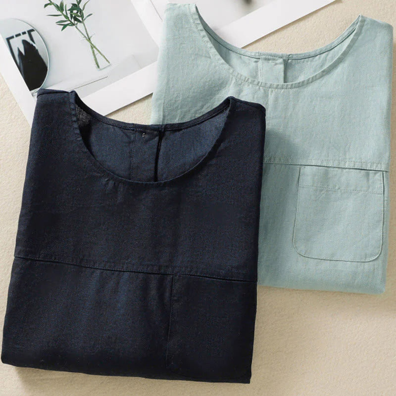 Buddha Stones Simple Crew Neck Button Design Women's Cotton Sleeveless Vest