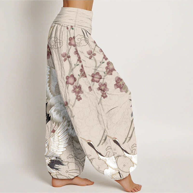 Buddha Stones Pure Cotton Cranes Flowers Clouds Patterns Women's Elastic Waist Harem Pants