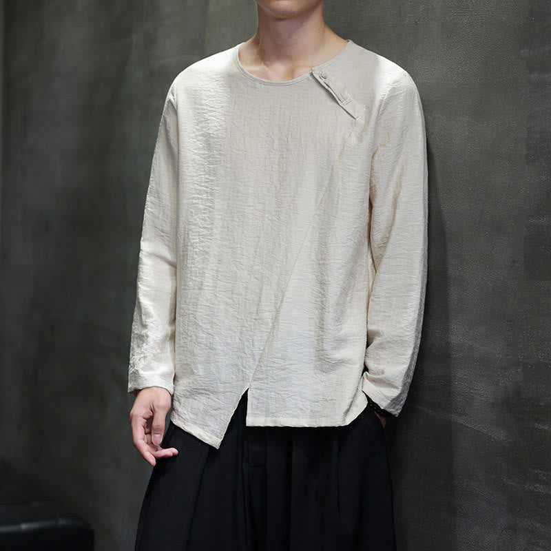 Buddha Stones Solid Color Loose Long Sleeve Round Neck Men's Shirts