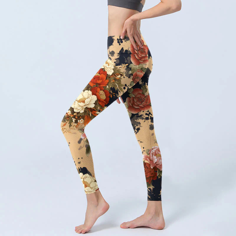 Buddha Stones Ink Painting Style Peony Chrysanthemums Pattern Print Gym Leggings Women's Yoga Pants