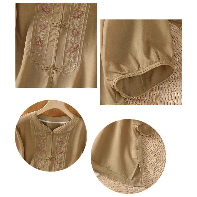 Buddha Stones Frog-button Stand Collar Embroidered Flower Elastic Cuff Three Quarter Sleeve Women's Shirt