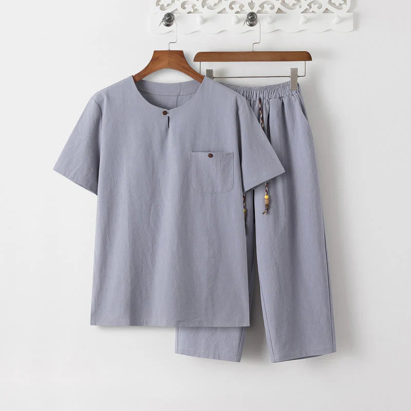 Buddha Stones Summer 2Pcs Plain Short Sleeve T-Shirt 7-8 Length Pants Cotton Linen Tang Suit Men's Meditation Cloth Set With Pockets
