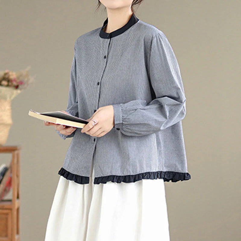 Buddha Stones Fall Plaid Striped Pattern Ruffled Hem Buttons Women's Cotton Long Sleeve Shirt