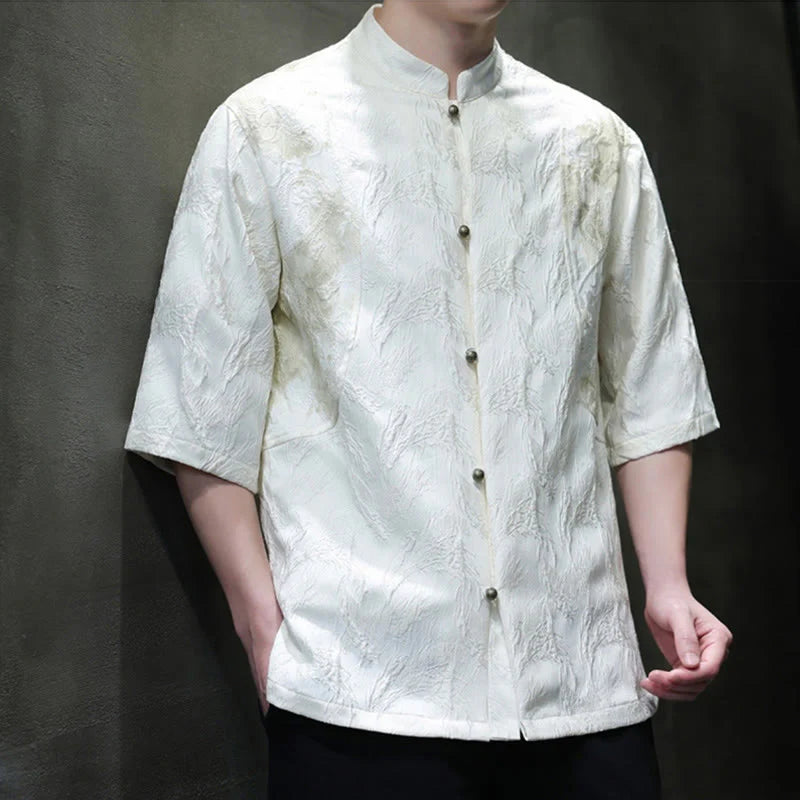 Buddha Stones Textured Jacquard Bagua Pattern Button Tang Suit Men's Half Sleeve Cotton Shirt