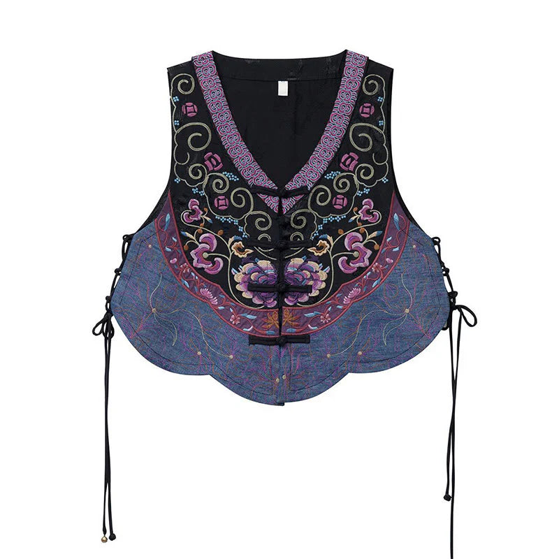 Buddha Stones Vintage Frog-Button Embroidery Purple Flower Tang Suit Design Sleeveless Vest (Extra 30% Off | USE CODE: FS30)