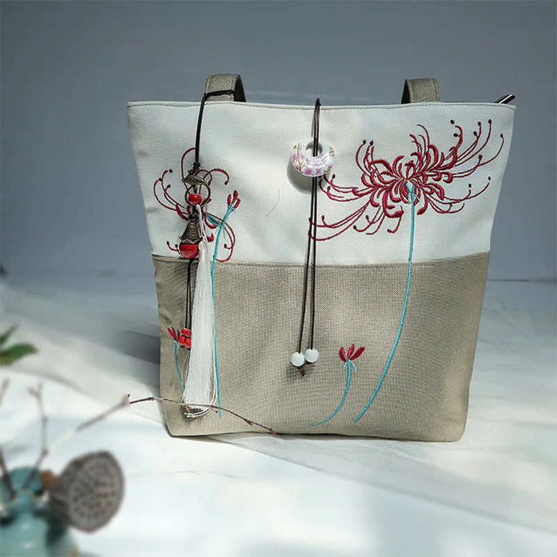 Buddha Stones Pear Flower Plum Peach Blossom Bamboo Embroidery Canvas Large Capacity Shoulder Bag Tote Bag