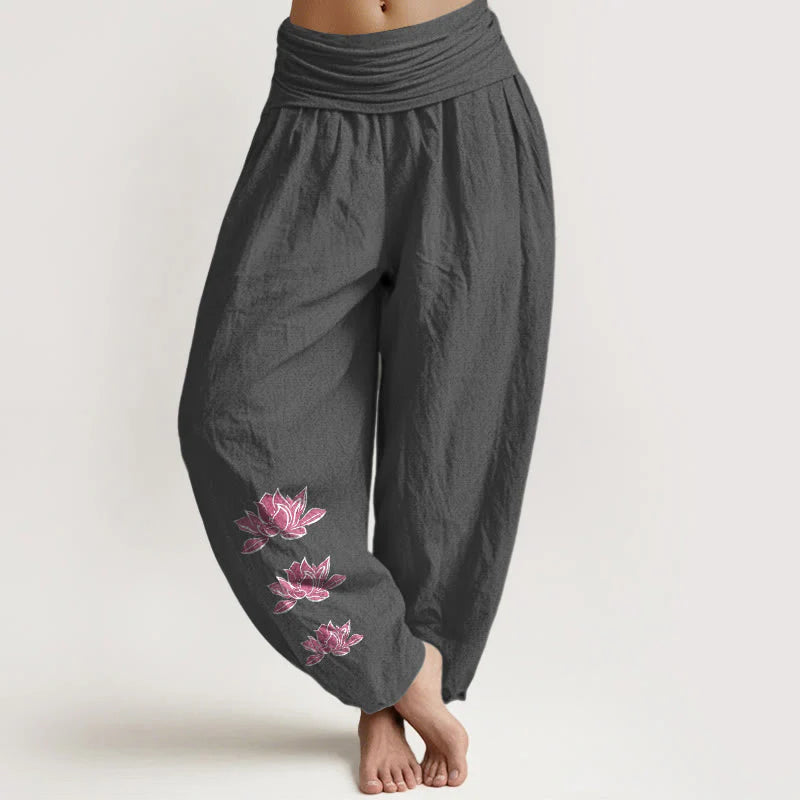 Buddha Stones Casual Lotus Pattern Pure Cotton Women's Elastic Waist Harem Pants