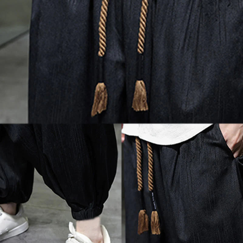 Buddha Stones Casual Daily Pure Color Drawstring Design Men's Harem Pants With Pockets