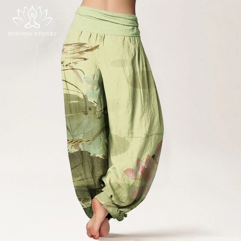 Buddha Stones Cotton Pink Lotus Leaves Bird Pattern Women's Elastic Waist Harem Pants