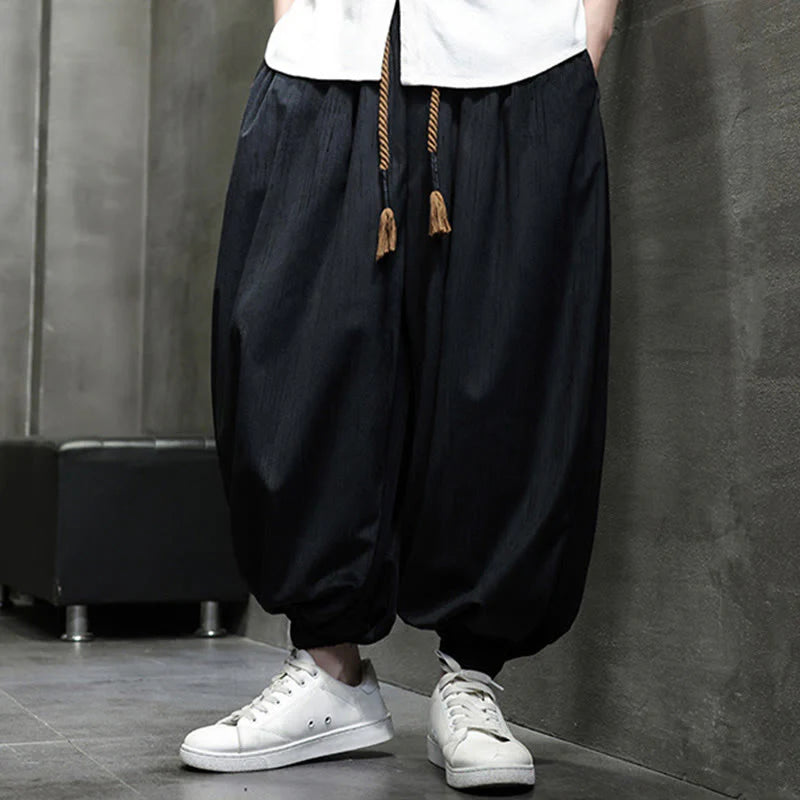 Buddha Stones Casual Daily Pure Color Drawstring Design Men's Harem Pants With Pockets