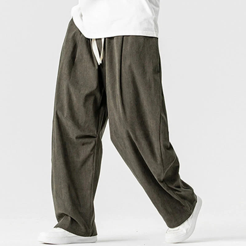 Buddha Stones Winter Drawstring Corduroy Cotton Men's Wide Leg Pants With Pockets