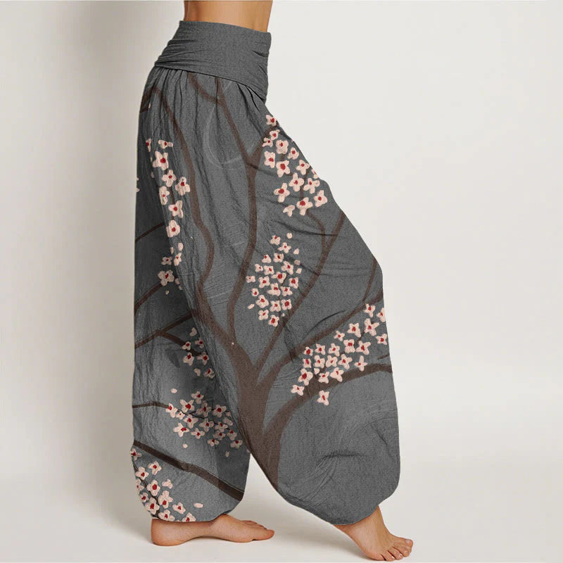Buddha Stones Cotton Casual Plum Blossom Branch Pattern Women's Elastic Waist Harem Pants