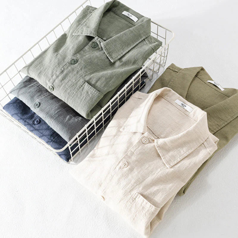 Buddha Stones Commute Fall Solid Color Lapel Men's Long Sleeve Cotton Linen Shirt With Pocket