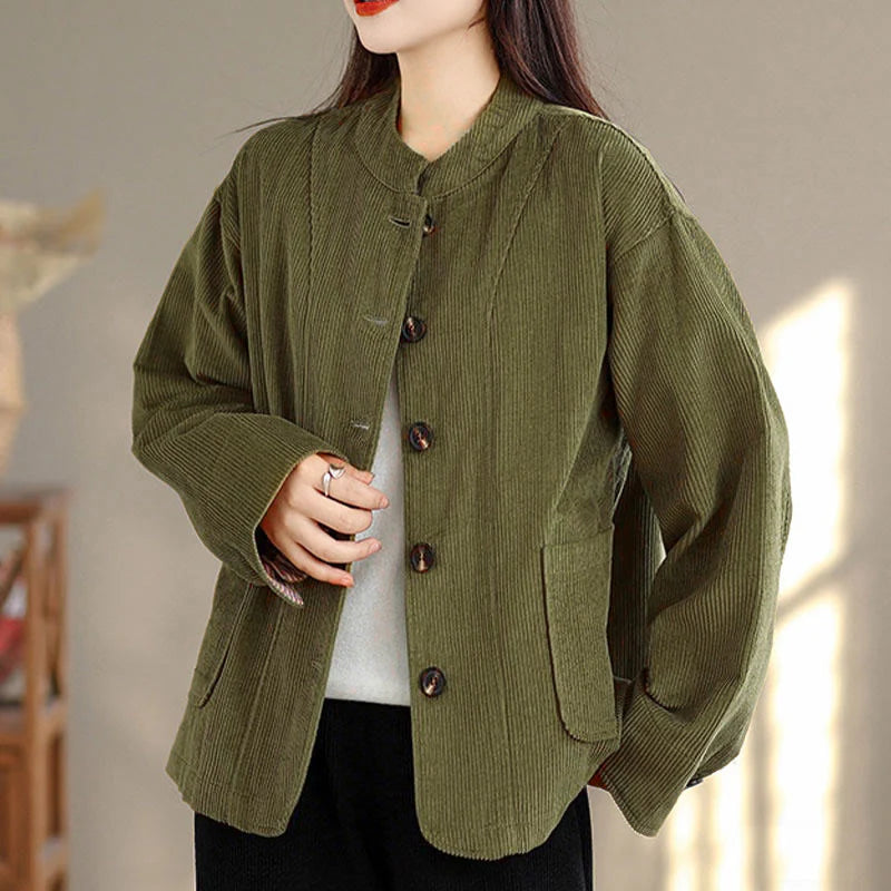 Buddha Stones Buttons Design Corduroy Long Sleeve Women's Jacket With Pockets
