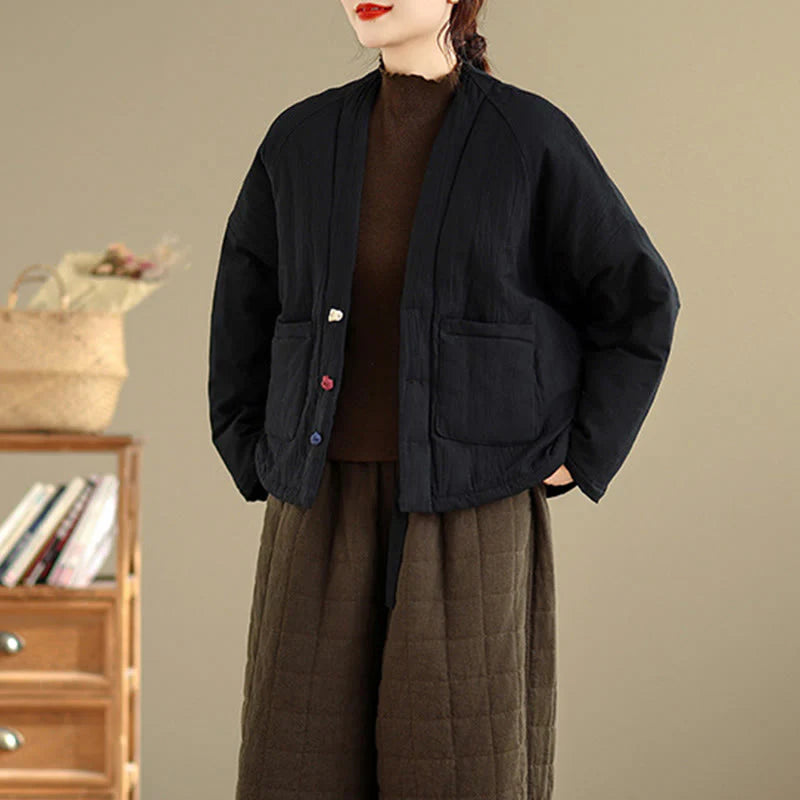 Buddha Stones Winter Long Sleeve Cotton Women's Thermal Jacket With Pockets
